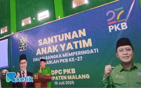 Foto Ketua DPC PKB Kabupaten Malang Ir H Kholiq saat sambutan. (Foto: Binar Gumilang/Ketik)