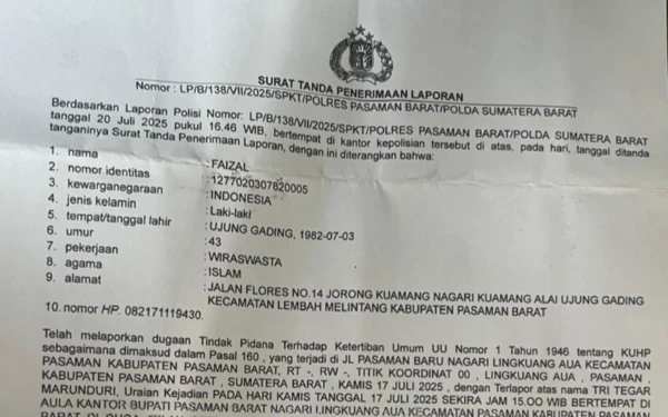 Foto Surat laporan kepolisian terkait insiden ricuh pelantikan KONI Pasbar.(Tangkapan Layar)