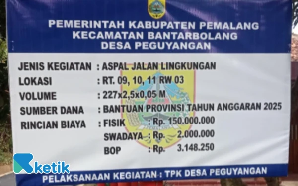 Foto Papan informasi proyek di jalan lingkungan RW 03 Desa Peguyangan (Foto: Slamet/Ketik)