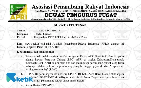 Foto SK pembentukan APRI Aceh Barat Daya. (Foto: for Ketik)