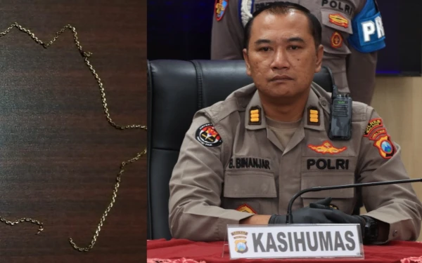Foto Kasi Humas Polres Malang AKP Bambang Subinajar dan barang bukti kalung hasil jambret. (Foto: Humas Polres Malang)