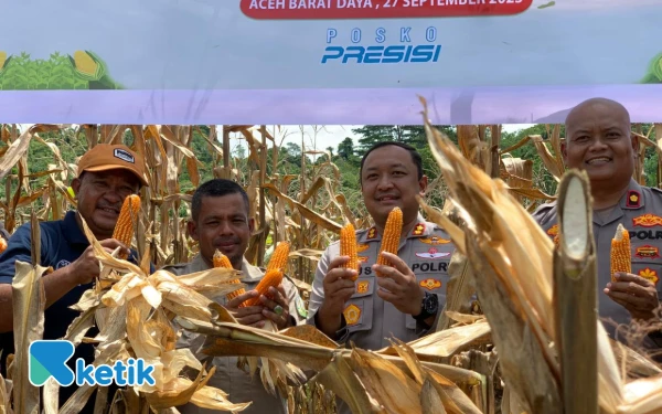 Foto Kapolres Abdya AKBP Agus Sulistianto bersama Wakapolres Misyanto, Kadis Pertanian Abdya Hendri dan Kepala Bulog Abdya memperlihatkan jagung yang telah dipanen dalam program panen raya di Babahrot, Sabtu, 27 September 2025. (Foto: T. Rahmat/Ketik)