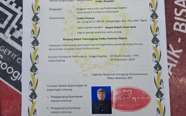 Foto Nawala Kekancingan yang diberikan kepada Cak Yudho Bakiak pada Jumat, 3 Oktober 2025. (Foto: Dok. Pribadi).