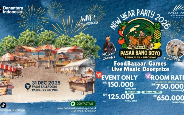 Foto Palm Park Hotel & Convention Surabaya menghadirkan perayaan malam Tahun Baru yang berbeda dan penuh warna melalui acara istimewa bertajuk New Year Party 2026 – Pasar Bang Boyo: Bangkalan Suroboyo. (Foto: Palm Park Hotel & Convention Surabaya)