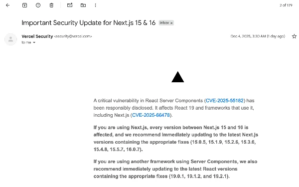 Foto Tangkapan layar peringatan keamanan kritis di Email pada Kamis (4/12/2025) dini hari