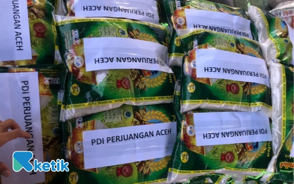 Foto Beras bantuan berlabel PDI Perjuangan untuk korban banjir di Aceh Tamiang dikirim dengan menggunakan pesawat Hercules, Rabu, 10 Desember 2025. (Foto: HM/Ketik)