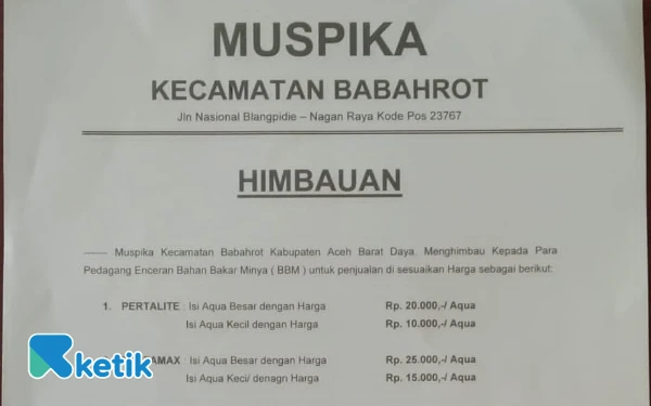 Foto Surat imbauan Muspika Babahrot tentang harga BBM di pedagang eceran, Rabu, 10 Desember 2025. (Foto: T. Rahmat/Ketik)