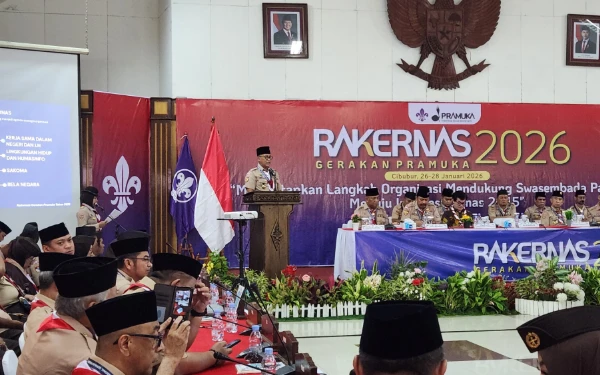 Foto Ketua Kwarnas Pramuka, Budi Waseso, meminta pramuka untuk hadir sebagai agen perubahan dan menggerakkan kegiatan sosial. (Foto: Naufal/Ketik.com)