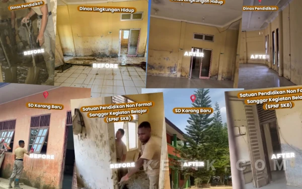 Foto Kegiatan para Praja IPDN kala membersihkan fasilitas pemerintah yang terdampak banjir di Aceh. (Foto: Kolase instagram IPDN/Ulil Albab)