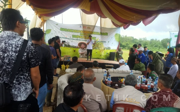 Foto Bupati Lebak, Moch Hasbi Asyidiki Jayabaya saat memberikan sambutan setelah panen padi di Desa Sukamanah, Kecamatan Rangkasbitung, kabupaten Lebak, Banten. (Foto: Abdul Kohar/ketik com)