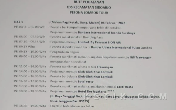 Foto Jadwal dan rute ngelencer puluhan Kasek SD di Sidoarjo ke Lombok pada hari pertama, Jumat (6 Februari 2026).  (Foto Fathur Rozq/Ketik.com)