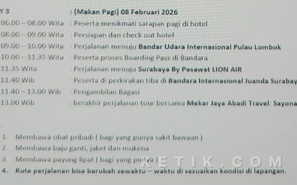 Foto Jadwal dan rute ngelencer puluhan Kasek SD di Sidoarjo ke Lombok pada hari ketiga, Minggu (8 Februari 2026). (Foto: Fathur Roziq/Ketik.com)