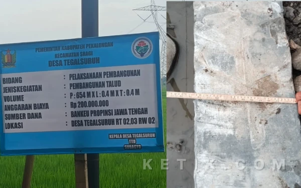Foto Kolase Papan Informasi Proyek dan fakta pengerjaan pembangunan talud di Desa Tegalsuruh (Foto: Slamet/ketik.com)