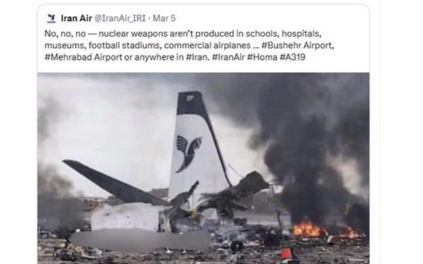 Foto Postingan akun resmi Maskapai Iran Air setelah Bandara sipil Bushehr Airport diserang bom Israel dan Amerika Serikat, 5 Maret 2025. (Foto: Tangkapan layar X)