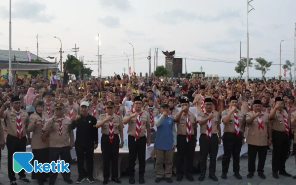 Foto Kwartir Daerah (Kwarda) Gerakan Pramuka Jawa Timur saat datang menggelar Wasbang dan Bakti Masyarakat pada 21–22 September 2025 di Kabupaten Tuban, 21 September 2025. (Foto: Ahmad Istihar/Ketik)