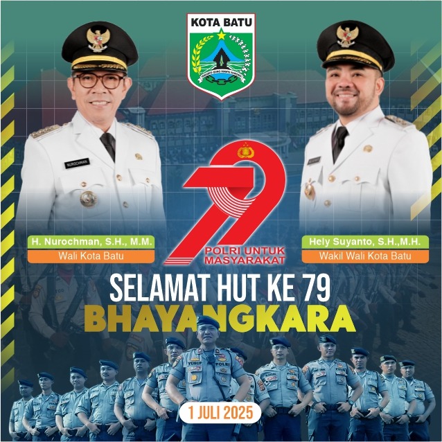 Ucapan Selamat HUT ke-79 Bhayangkara oleh H. Nurochman, S.H, M.M dan Hely Suyanto, S.H, M.H. Wali Kota dan Wakil Wali Kota Batu