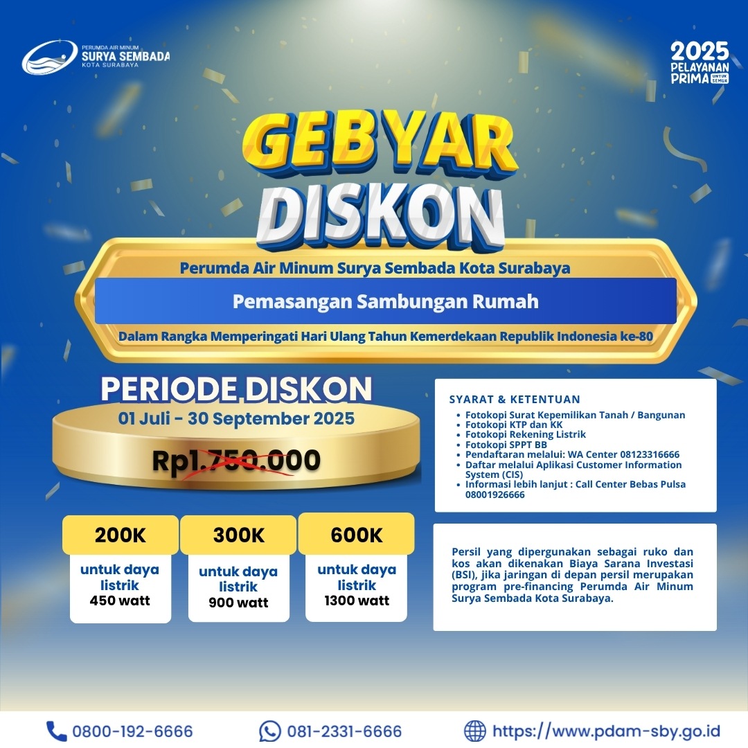 Gebyar Diskon Pemasangan Sambungan Rumah Perumda Air Minum Surya Sembada Kota Surabaya