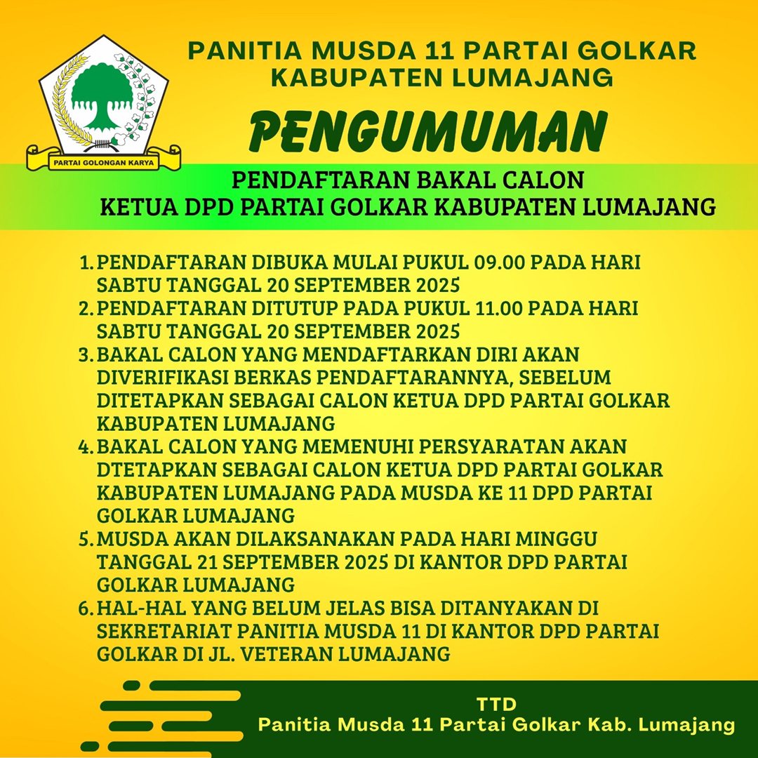 Pengumuman Pendaftaran Bakal Calon Ketua DPD Partai Golkar Kab. Lumajang