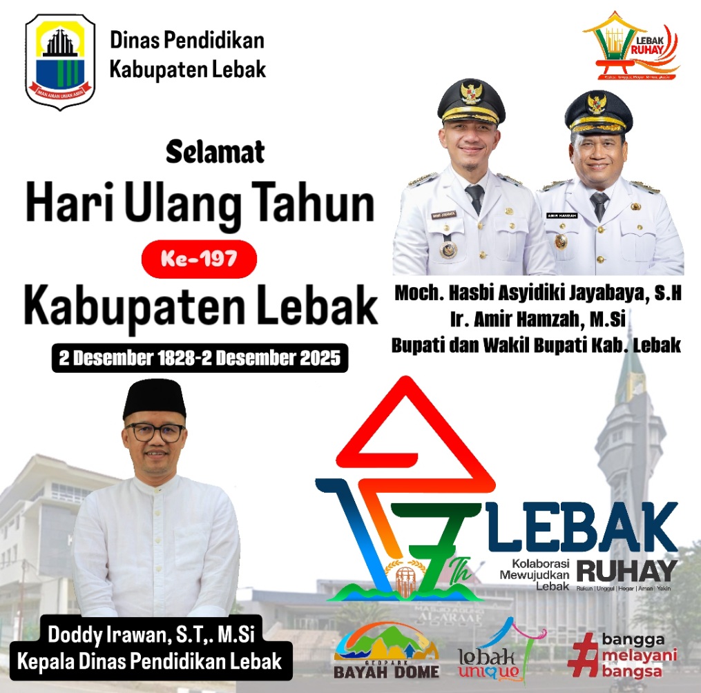 Ucapan Selamat Hari Ulang Tahun ke 197 Kabupaten Lebak oleh Doddy Irawan, S.T, M.Si - Kepala Dinas Pendidikan Kab. Lebak