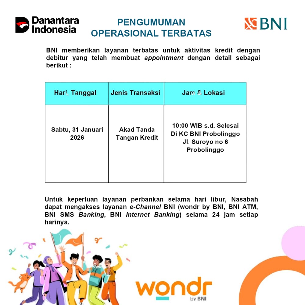 Pengumuman Pelayanan Operasional Terbatas oleh BNI Probolinggo