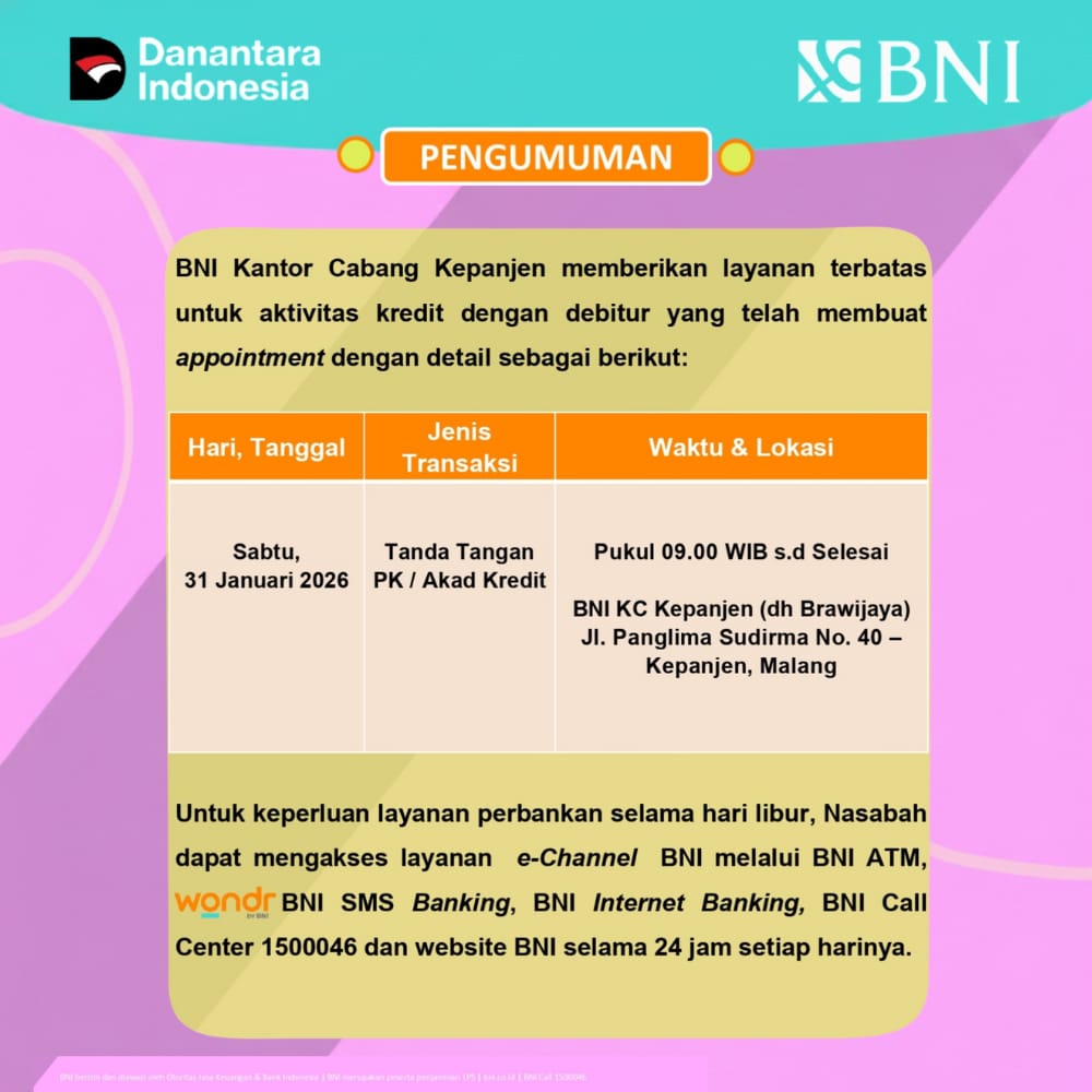 Pengumuman Pelayanan Terbatas oleh BNI Kantor Cabang Kepanjen