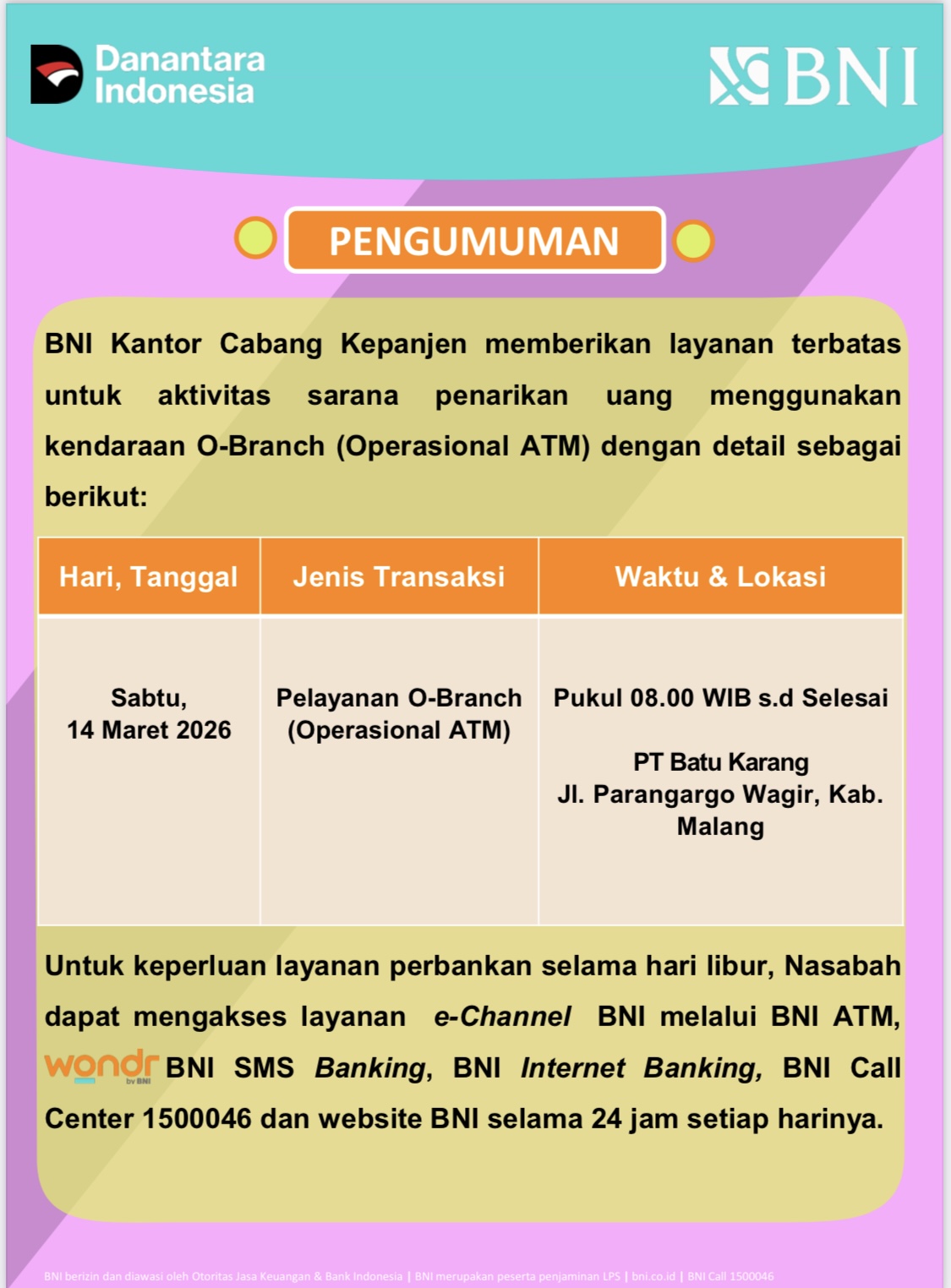 Pelayanan Terbatas oleh BNI Kantor  Kepanjen