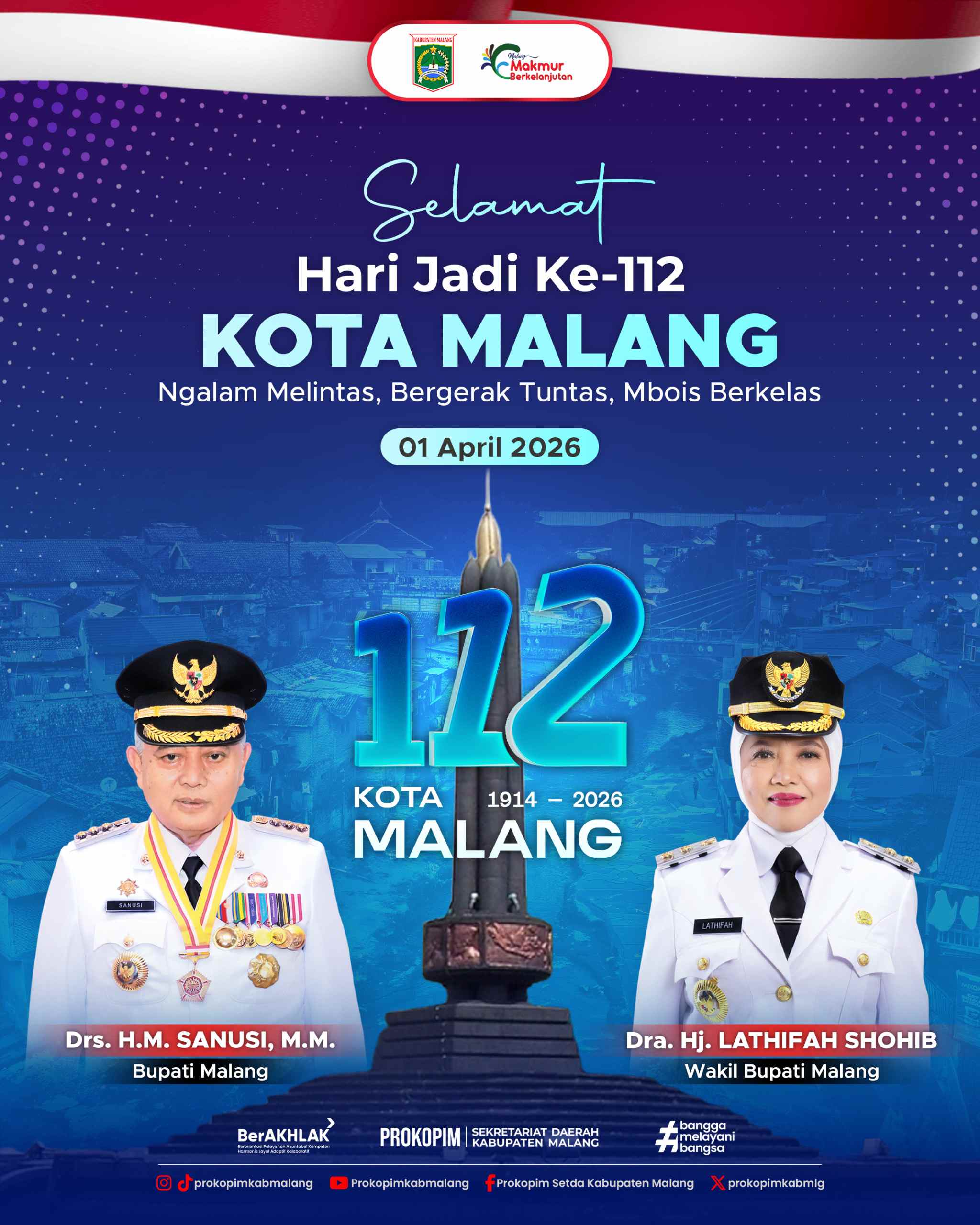 Ucapan Selamat Hari jadi Kota Malang ke 112 Tahun  oleh Bupati dan dan Wakil Bupati Malang