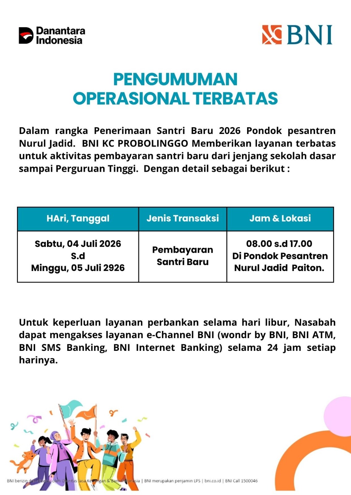 Pengumuman Operasional Terbatas oleh BNI KC Probolinggo