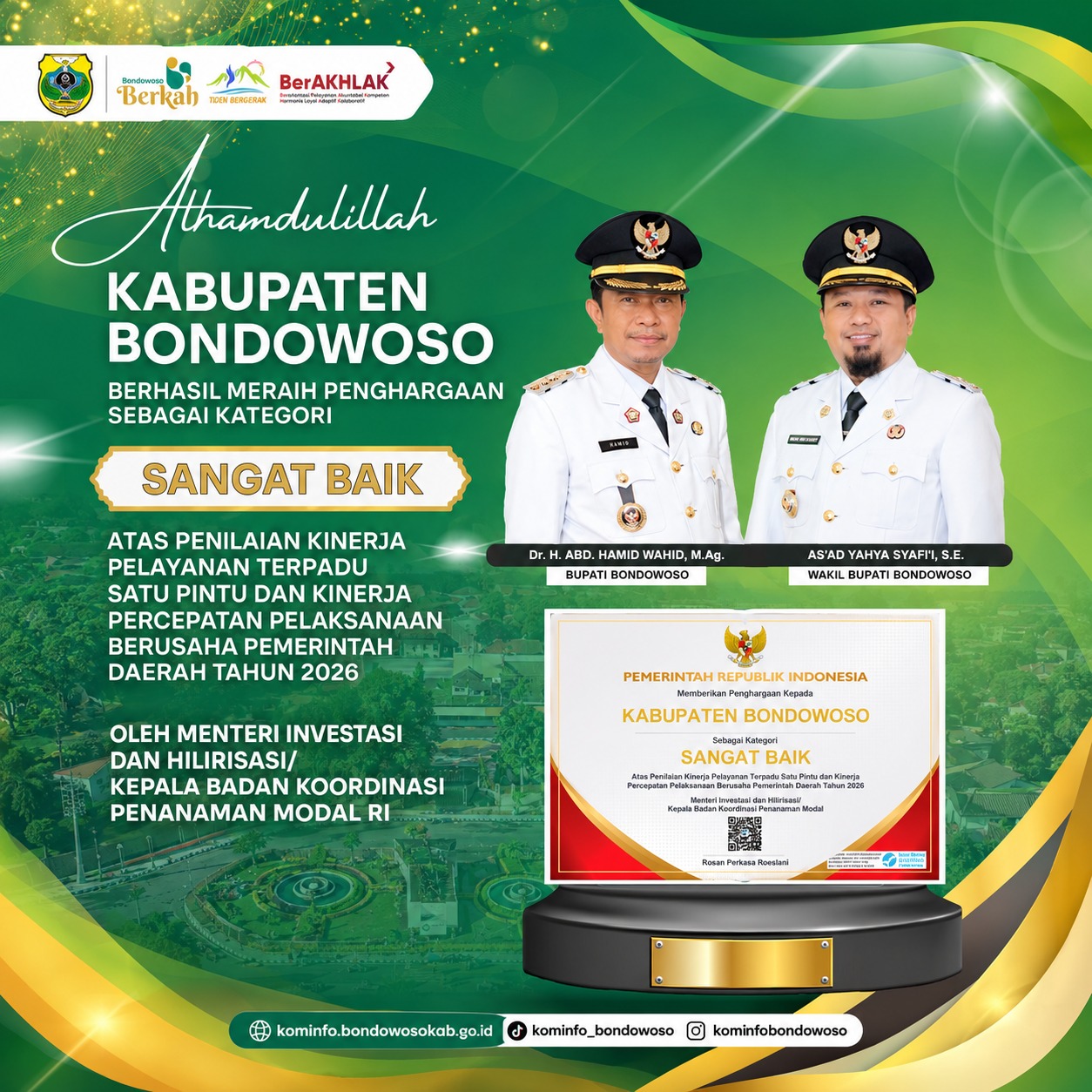 Ucapan Selamat Meraih Penghargaan Kategori Sangat Baik kepada Pemerintah kabupaten Bondowoso oleh Menteri investasi dan Hilirisasi - 21 Oktober 2026