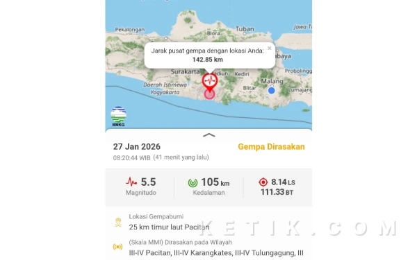 Thumbnail Berita - Pacitan Diguncang Gempa Pagi Ini, Getaran Terasa hingga Malang dan Lumajang!