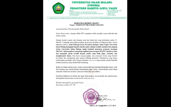 Thumbnail Berita - Kecam Narasi Sesat Trans7, Pesantren Kampus Unisma Terbitkan Maklumat Pemboikotan
