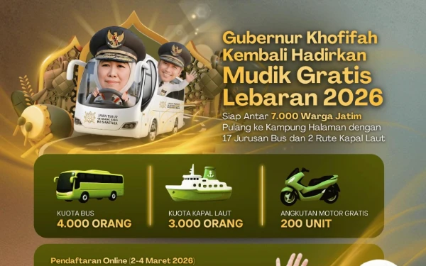 Thumbnail Berita - Pemprov Jatim Gelar Mudik Gratis Lebaran 2026, Layani 20 Rute Kabupaten/Kota