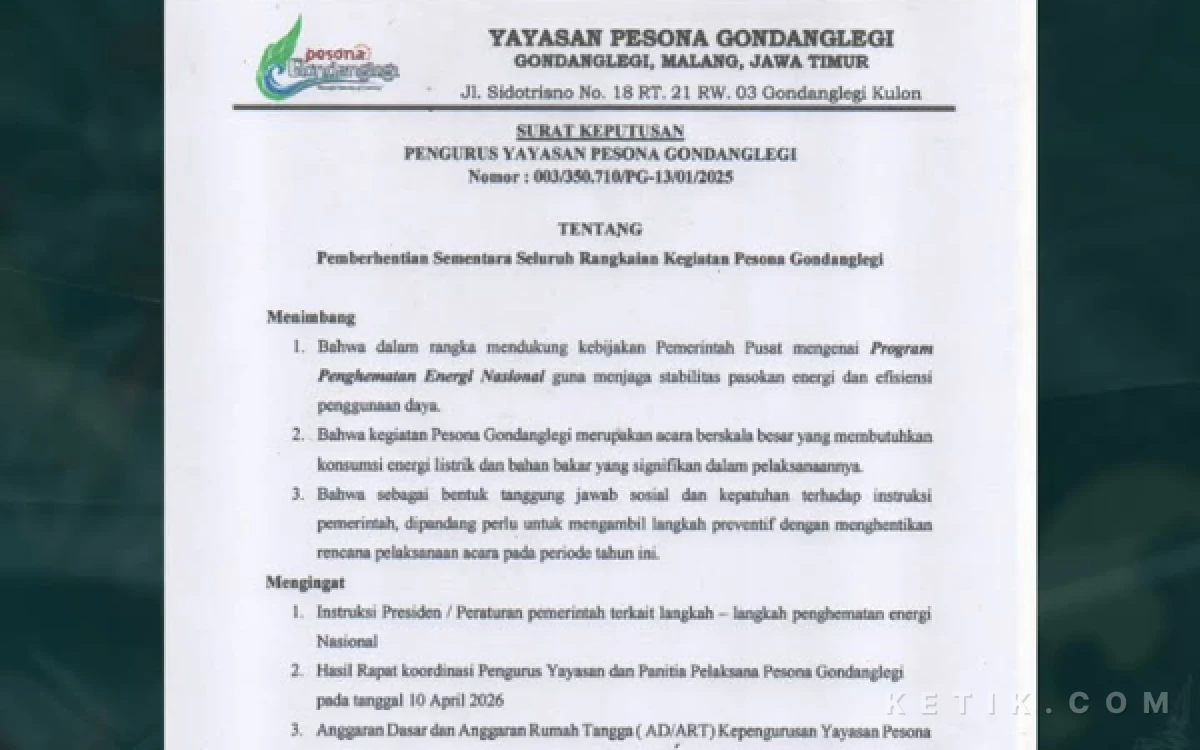 Foto Surat keterangan Pesona Gondanglegi di Kabupaten Malang Ditiadakan tahun 2026. (FOTO: Instagram Pesona Gondanglegi)