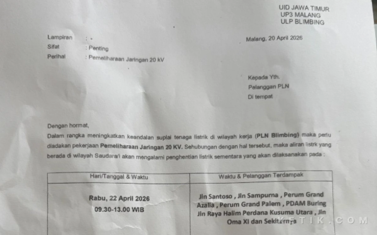 Thumbnail Berita - Warga Cemorokandang Malang Diminta Bersiap, PLN Jadwalkan Pemadaman Listrik 22 April 2026
