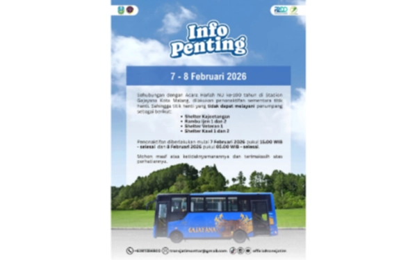 Thumbnail Berita - Ada Mujahadah Kubro 1 Abad NU, 4 Halte Bus Trans Jatim di Malang Nonaktif Sementara 7-8 Februari