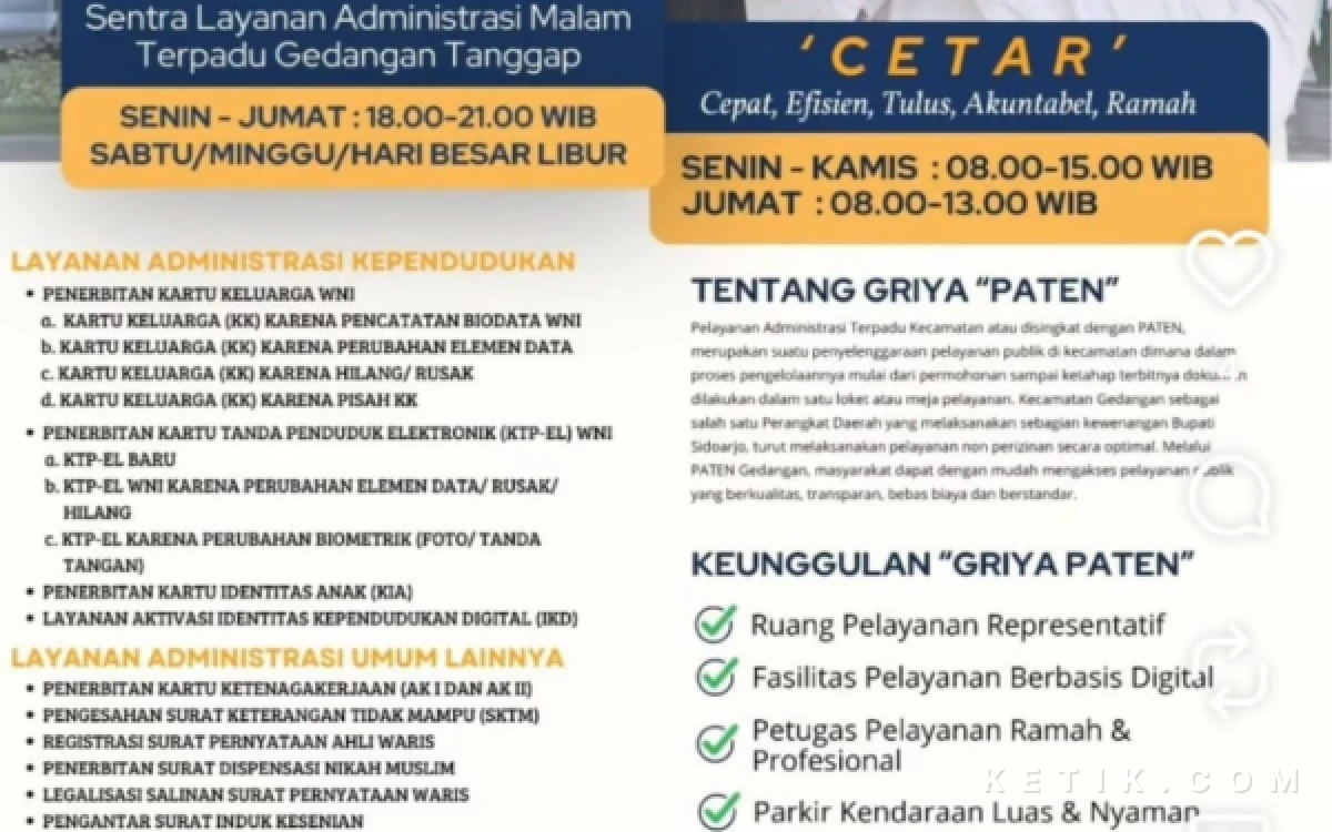 Foto Berbagai layanan yang disiapkan Kantor Kecamatan Gedangan untuk program Selamat Datang. (Foto: Istimewa)