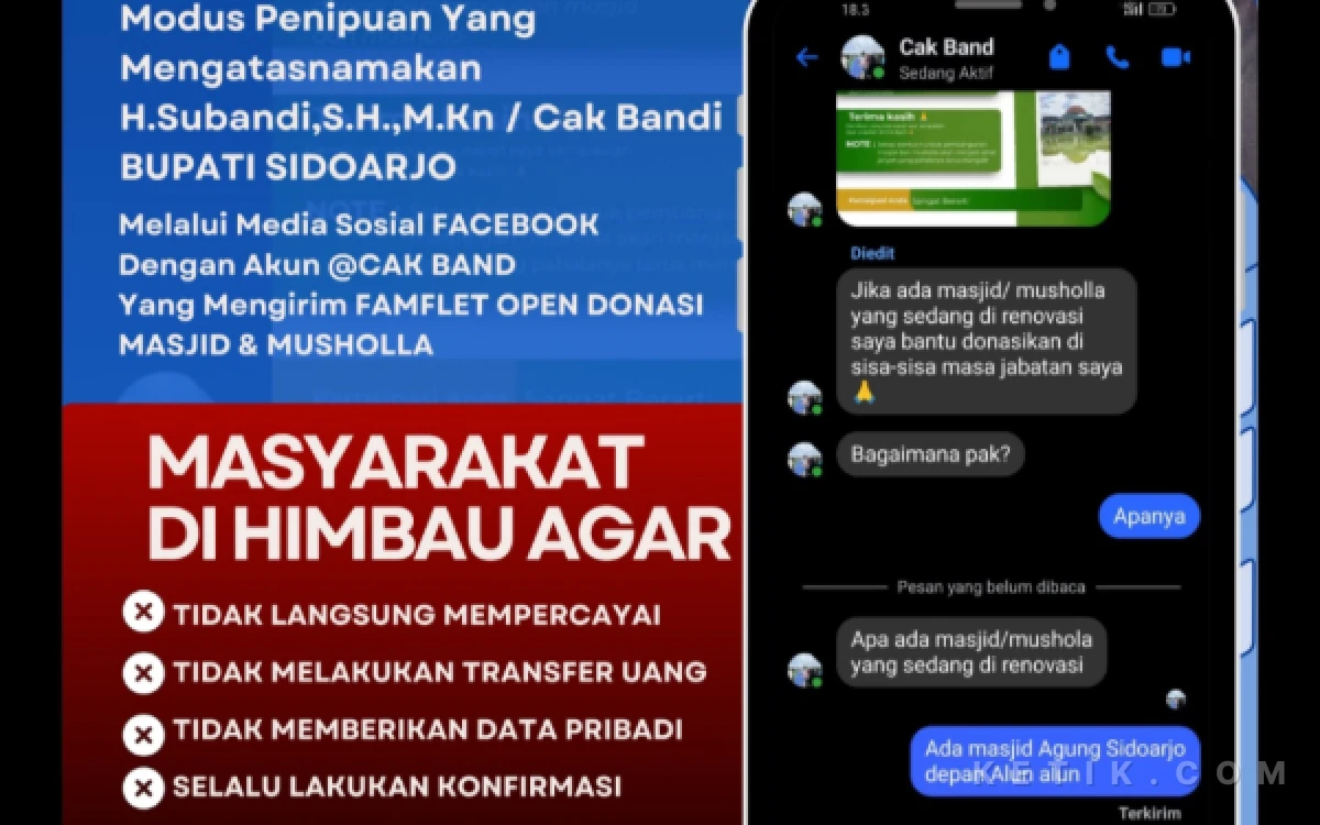 Foto Imbauan dari Pemkab Sidoarjo agar masyarakat tidak percaya dan melaporkan jika ada upaya penipuan dengan mencatut nama Bupati Sidoarjo Subandi. (Foto: Kominfo Sidoarjo)