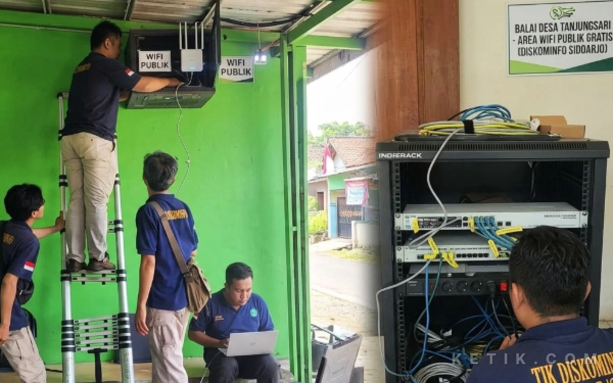 Foto Pegawai dan teknisi Diskominfo Sidoarjo memasang perangkat wifi di Balai Desa Tanjungsari, Kecamatan Jabon. Warga desa bisa menikmati internet gratis di salah satu kawasan pinggiran Kabupaten Sidoarjo itu. (Foto: Kominfo Sidoarjo)