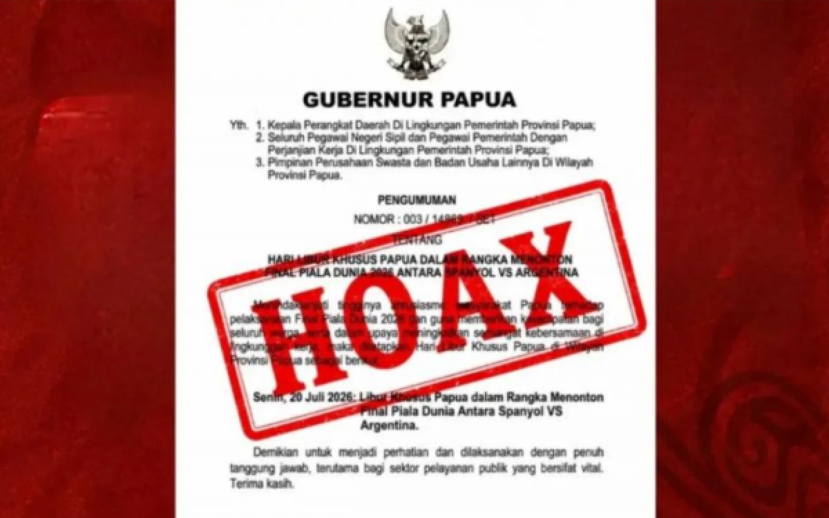 Foto surat edaran hoaks terkait libur Piala Dunia 2026. (Foto: Pemprov Papua)