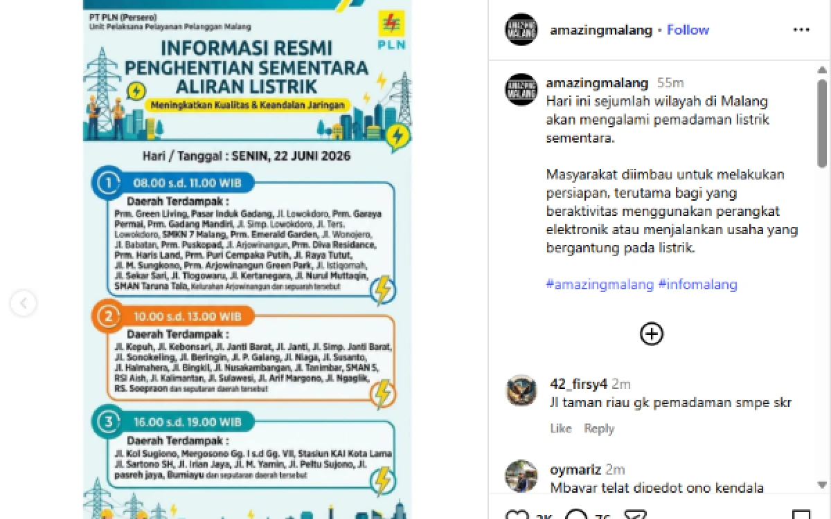Thumbnail Berita - Beredar Jadwal Pemadaman Listrik di Kota Malang 22 Juni 2026, PLN Pastikan Hoaks!