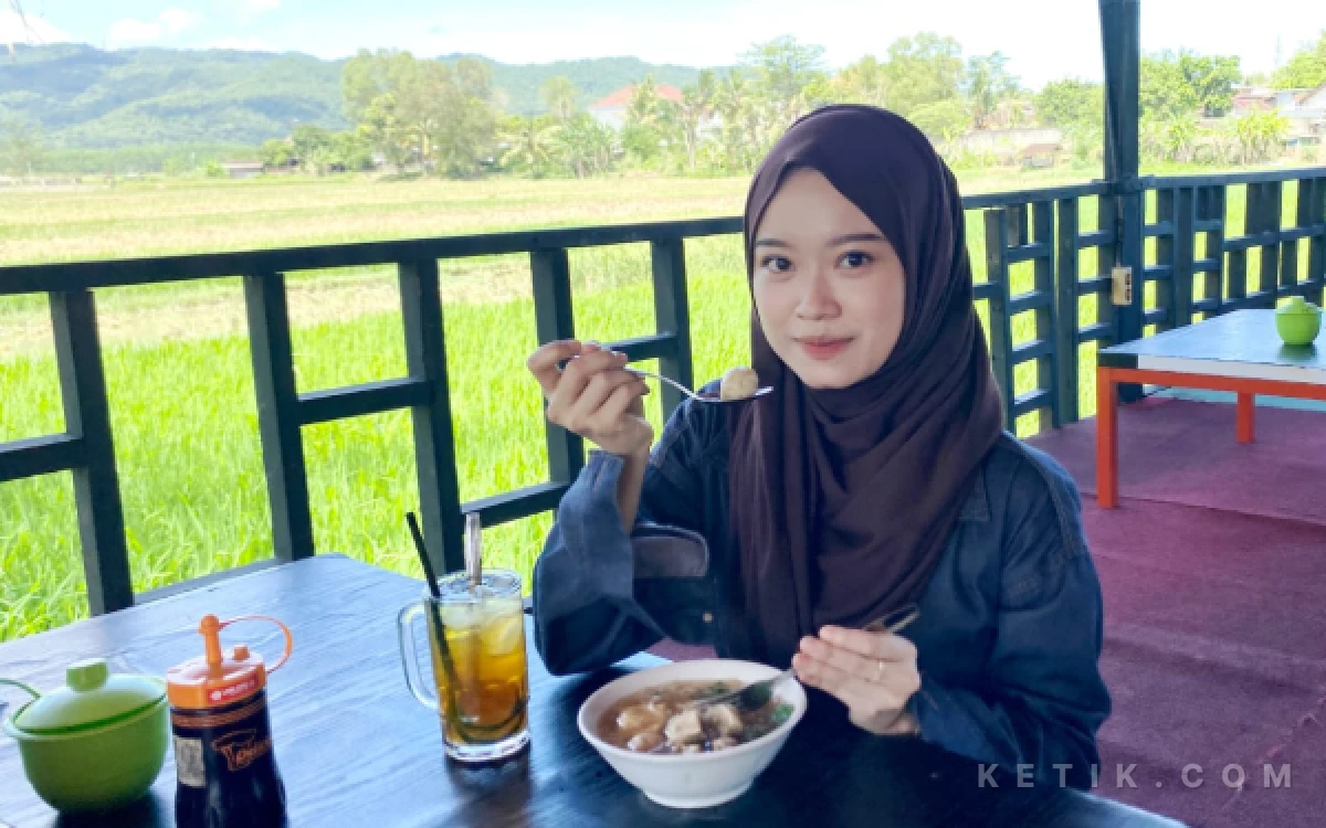 Foto Pengunjung menikmati sajian Bakso dan Mie Ayam Parigogo di kawasan Jalur Lintas Selatan (JLS) Pacitan dengan latar hamparan sawah hijau dan suasana terbuka yang sejuk.