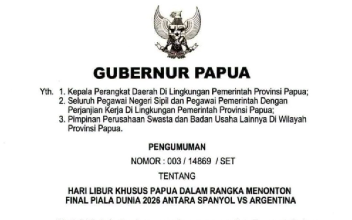 Foto Surat edaran dari Gubernur Papua tentang Hari Libur Khusus Papua. (Foto: Istimewa)