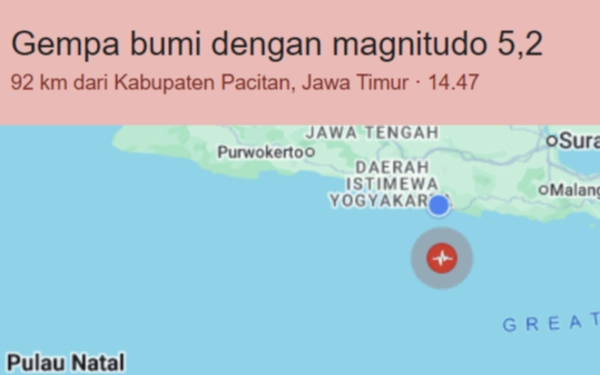 Thumbnail Berita - Gempa M5,3 Guncang Selatan Pacitan, BMKG Pastikan Dipicu Aktivitas Subduksi