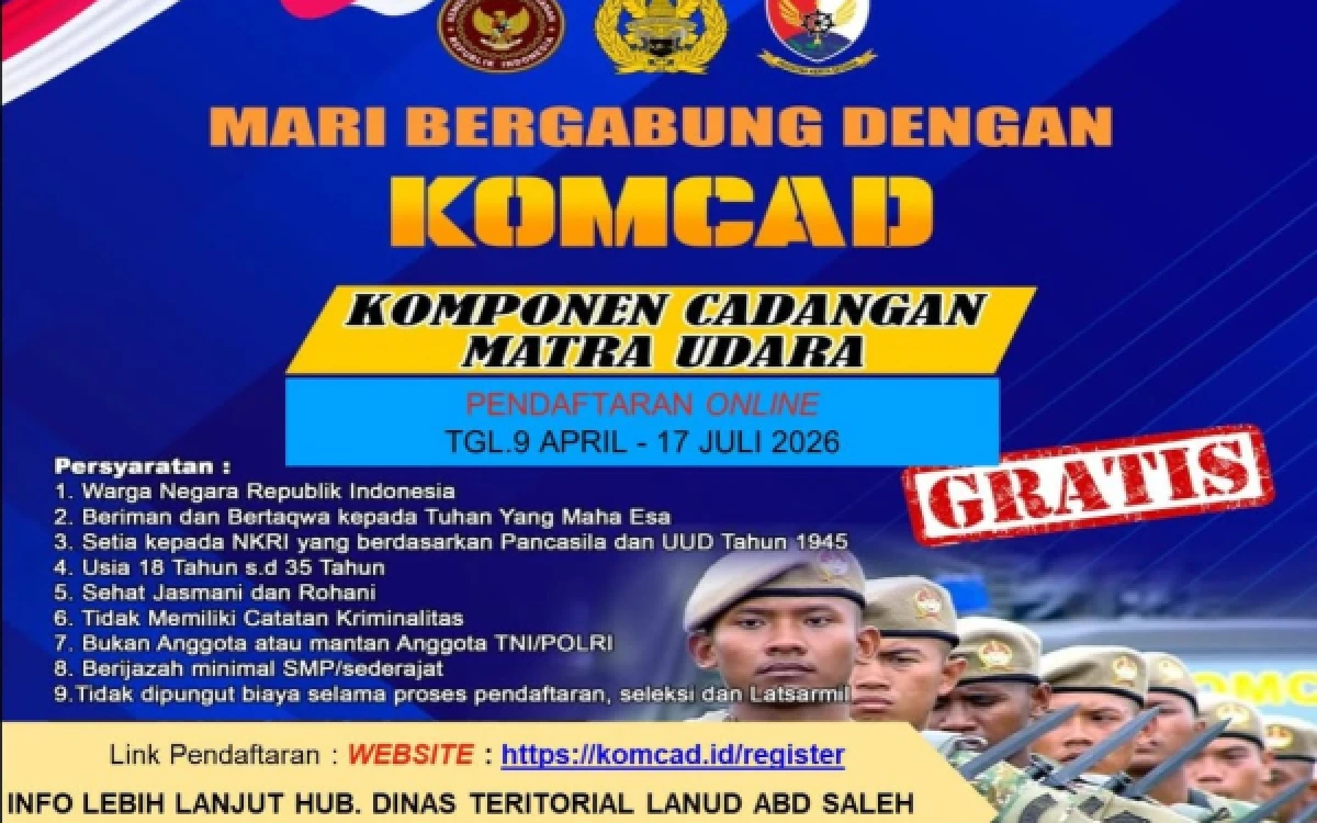 Thumbnail Berita - Loker Komcad Matra Udara 2026 Dibuka, Gratis! Cek Syarat dan Jadwalnya